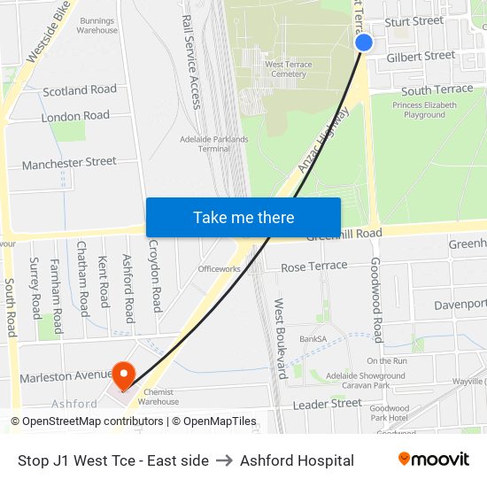 Stop J1 West Tce - East side to Ashford Hospital map