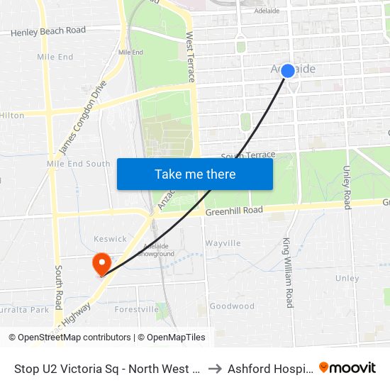 Stop U2 Victoria Sq - North West side to Ashford Hospital map