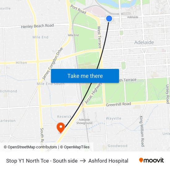 Stop Y1 North Tce - South side to Ashford Hospital map