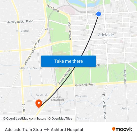 Adelaide Tram Stop to Ashford Hospital map