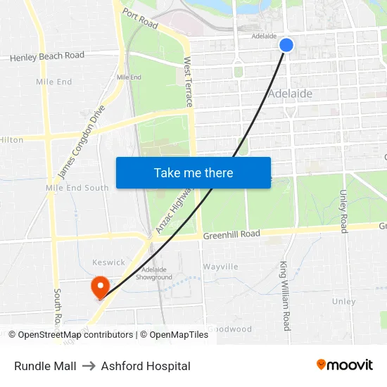 Rundle Mall to Ashford Hospital map