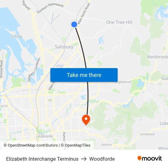 Elizabeth Interchange Terminus to Woodforde map