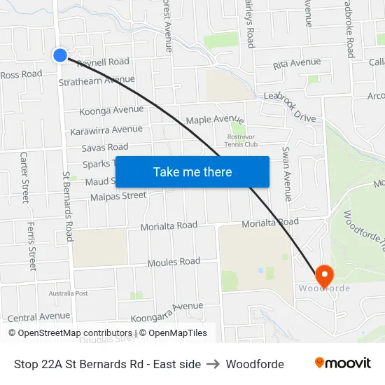 Stop 22A St Bernards Rd - East side to Woodforde map