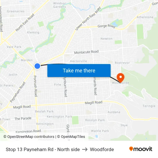 Stop 13 Payneham Rd - North side to Woodforde map