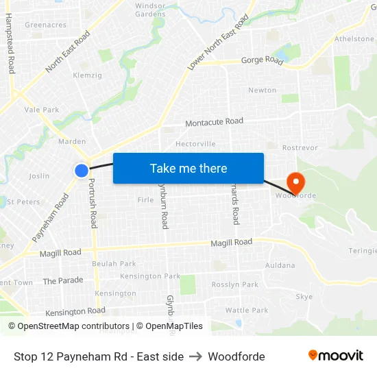 Stop 12 Payneham Rd - East side to Woodforde map