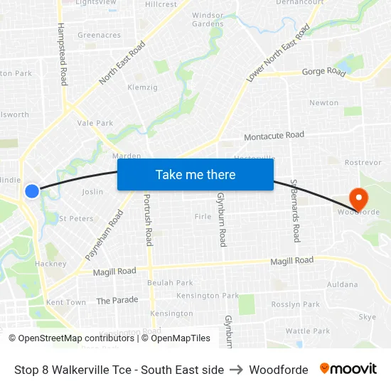 Stop 8 Walkerville Tce - South East side to Woodforde map