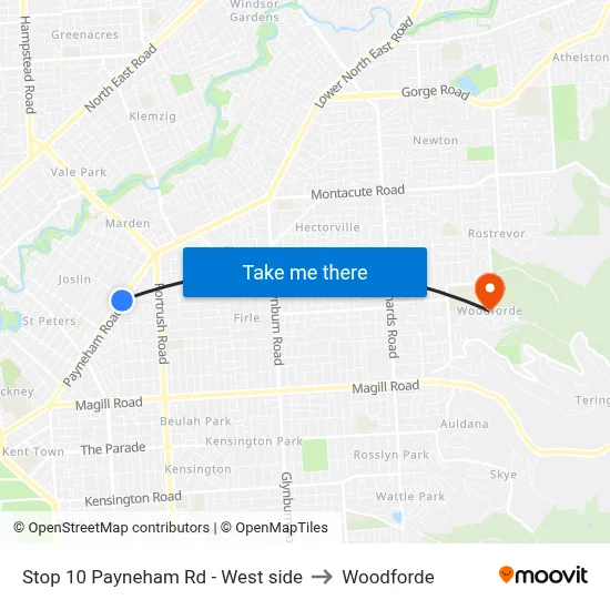 Stop 10 Payneham Rd - West side to Woodforde map