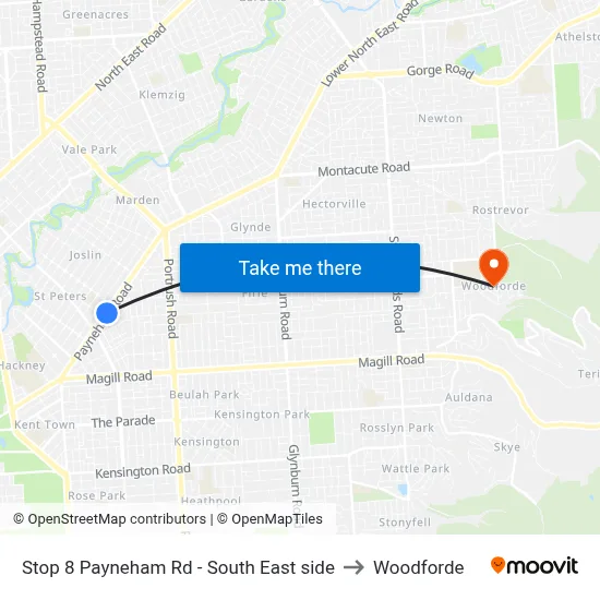 Stop 8 Payneham Rd - South East side to Woodforde map