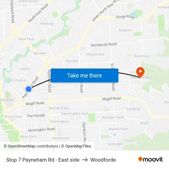 Stop 7 Payneham Rd - East side to Woodforde map