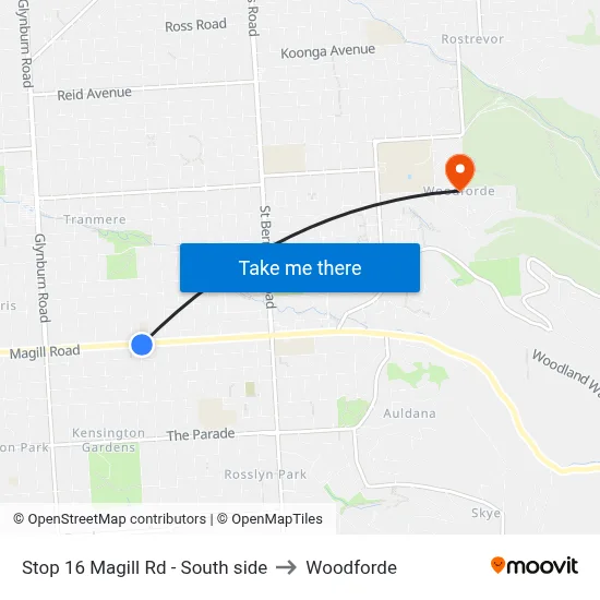 Stop 16 Magill Rd - South side to Woodforde map