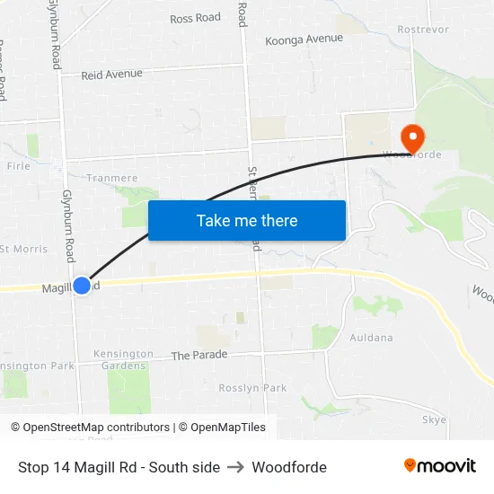 Stop 14 Magill Rd - South side to Woodforde map