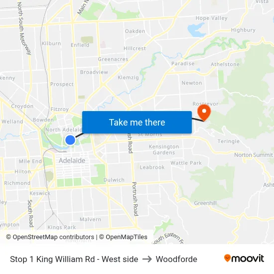 Stop 1 King William Rd - West side to Woodforde map