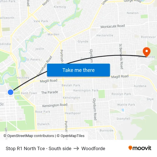 Stop R1 North Tce - South side to Woodforde map