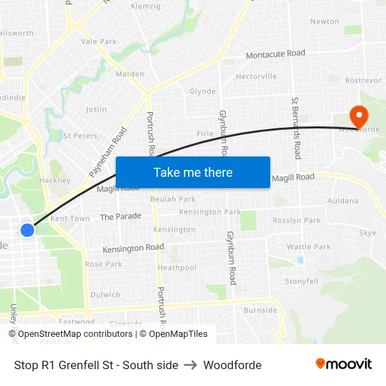 Stop R1 Grenfell St - South side to Woodforde map