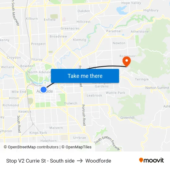 Stop V2 Currie St - South side to Woodforde map