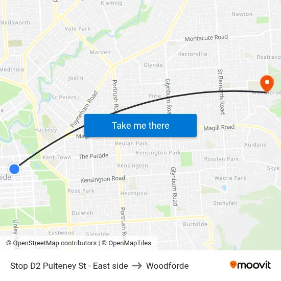 Stop D2 Pulteney St - East side to Woodforde map