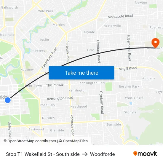 Stop T1 Wakefield St - South side to Woodforde map