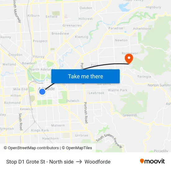 Stop D1 Grote St - North side to Woodforde map