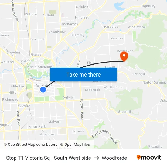 Stop T1 Victoria Sq - South West side to Woodforde map
