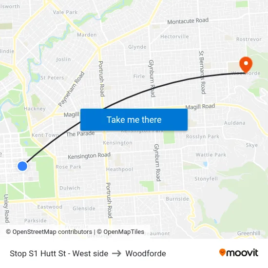 Stop S1 Hutt St - West side to Woodforde map