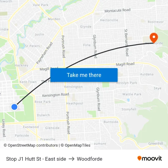Stop J1 Hutt St - East side to Woodforde map