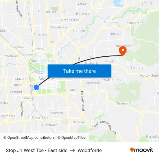 Stop J1 West Tce - East side to Woodforde map