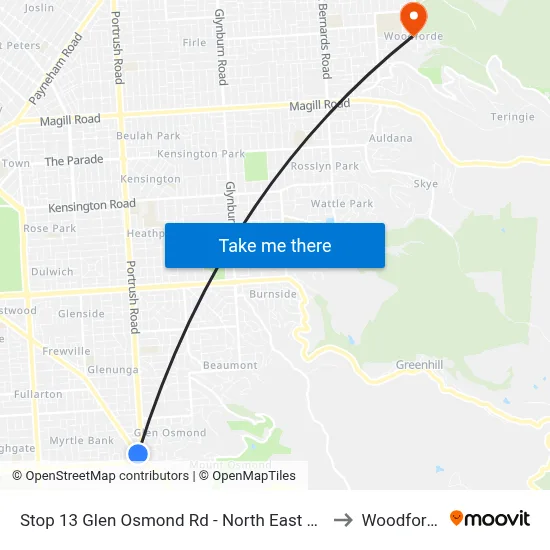 Stop 13 Glen Osmond Rd - North East side to Woodforde map