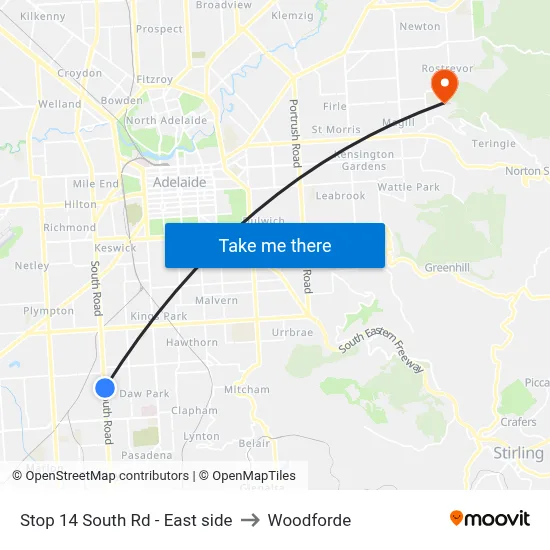 Stop 14 South Rd - East side to Woodforde map