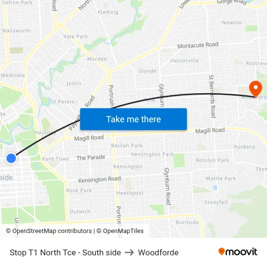 Stop T1 North Tce - South side to Woodforde map