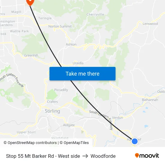Stop 55 Mt Barker Rd - West side to Woodforde map