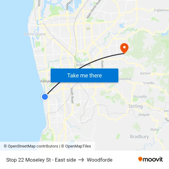 Stop 22 Moseley St - East side to Woodforde map