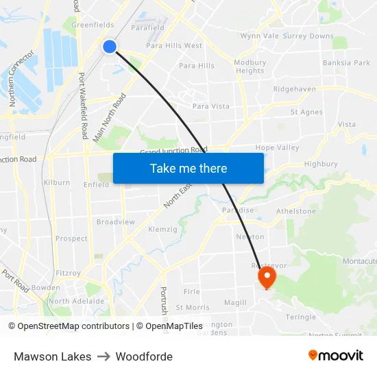 Mawson Lakes to Woodforde map