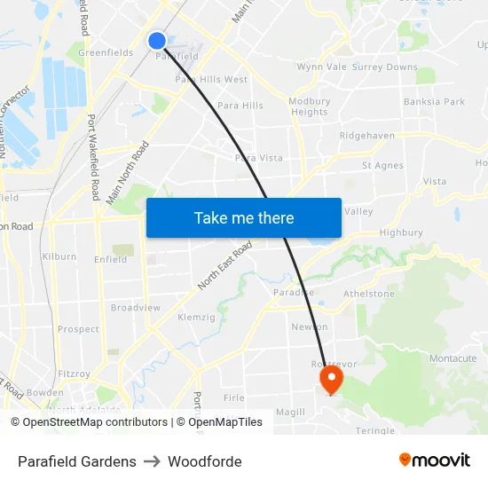 Parafield Gardens to Woodforde map