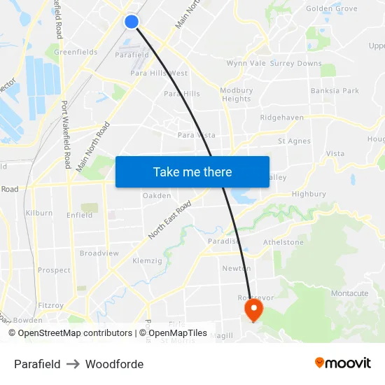 Parafield to Woodforde map