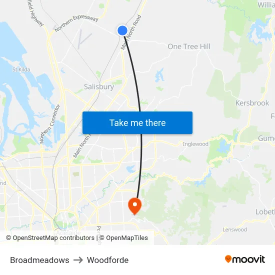 Broadmeadows to Woodforde map