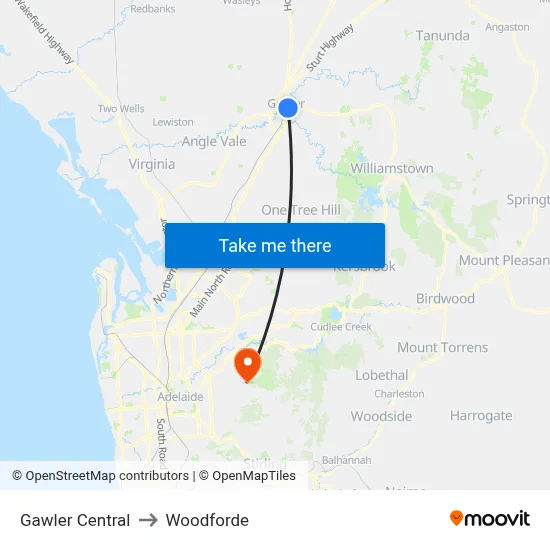Gawler Central to Woodforde map