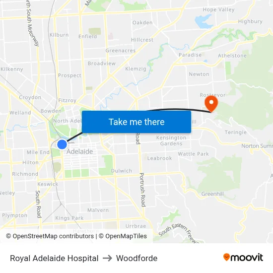 Royal Adelaide Hospital to Woodforde map
