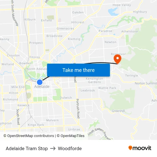 Adelaide Tram Stop to Woodforde map