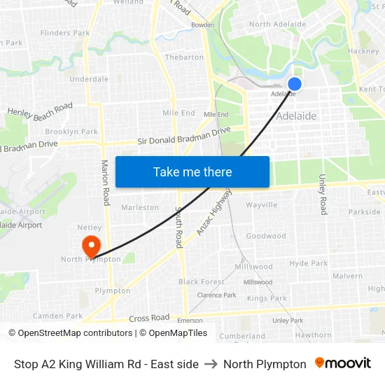 Stop A2 King William Rd - East side to North Plympton map