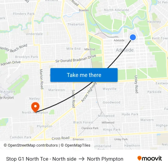 Stop G1 North Tce - North side to North Plympton map