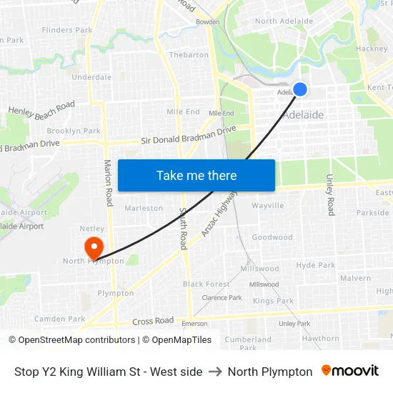 Stop Y2 King William St - West side to North Plympton map