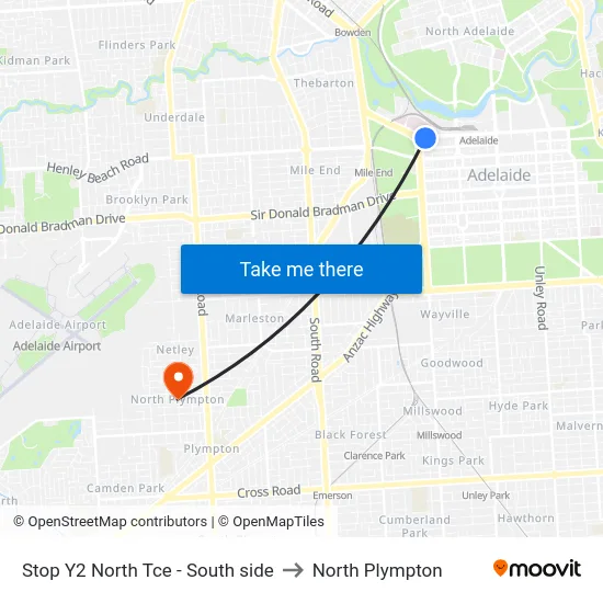 Stop Y2 North Tce - South side to North Plympton map