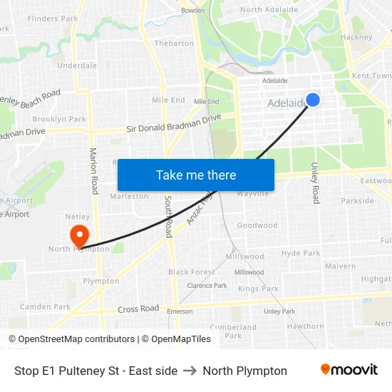 Stop E1 Pulteney St - East side to North Plympton map