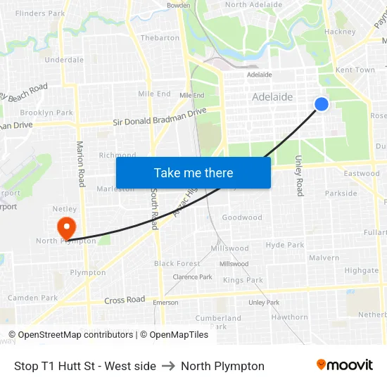 Stop T1 Hutt St - West side to North Plympton map