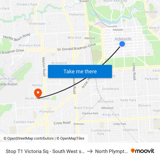 Stop T1 Victoria Sq - South West side to North Plympton map