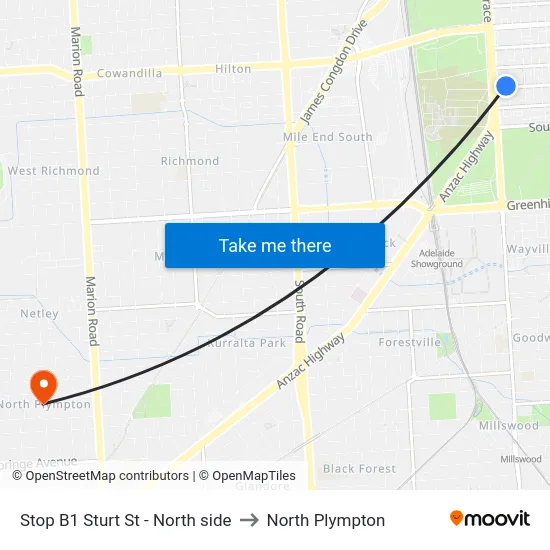 Stop B1 Sturt St - North side to North Plympton map