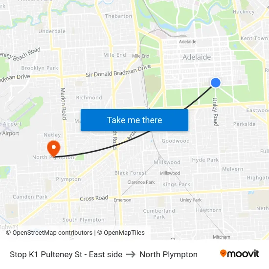 Stop K1 Pulteney St - East side to North Plympton map