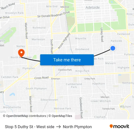 Stop 5 Duthy St - West side to North Plympton map