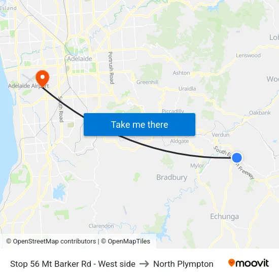 Stop 56 Mt Barker Rd - West side to North Plympton map