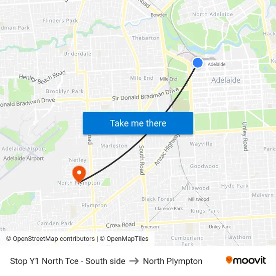 Stop Y1 North Tce - South side to North Plympton map